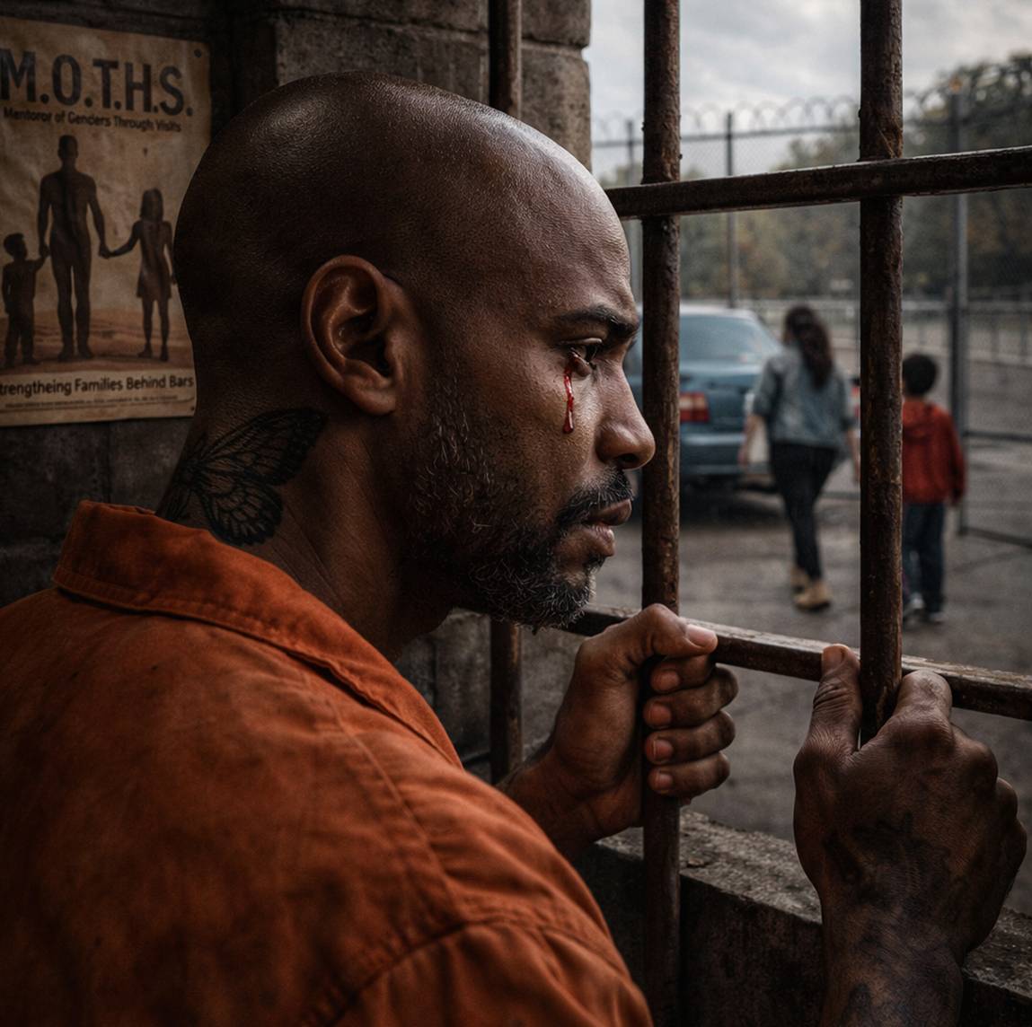 Man looking through prison bars
