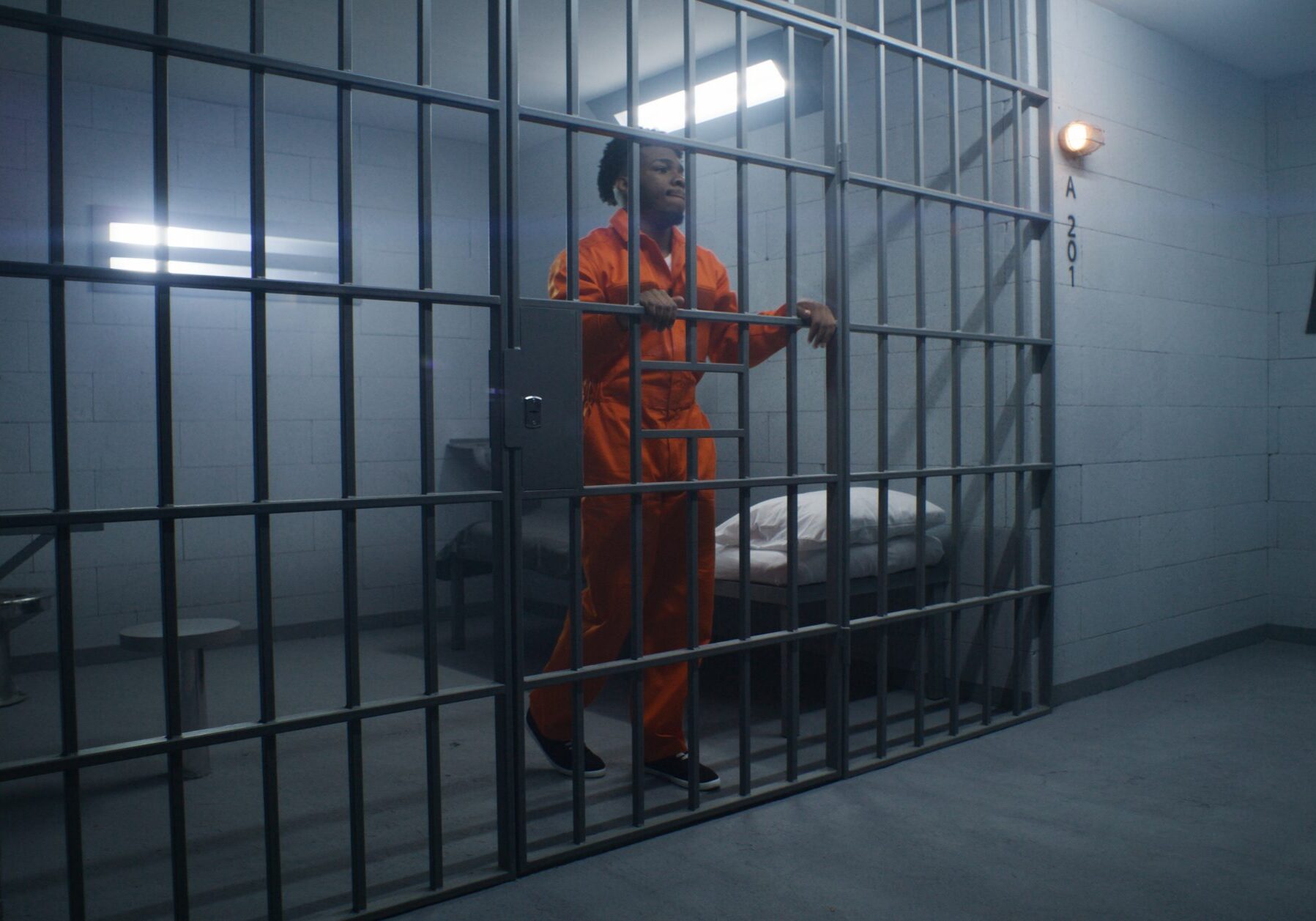 African American prisoner in orange uniform leans on jail cell bars and looks around. Guilty gangster serves imprisonment term in correctional facility. Gloomy inmate in detention center.